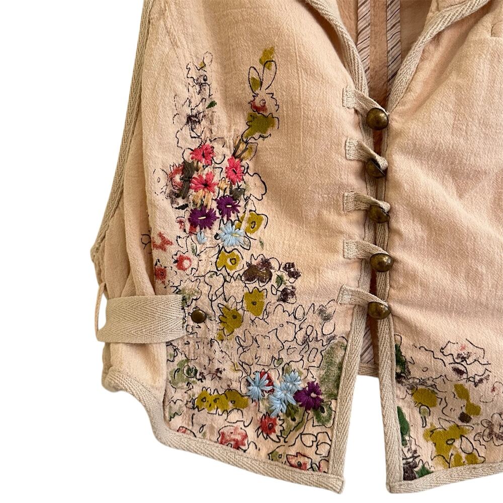 Free People Embroidered Floral Cotton Vest Sz 2 Boho Festival Creamy Tan - Picture 2 of 8